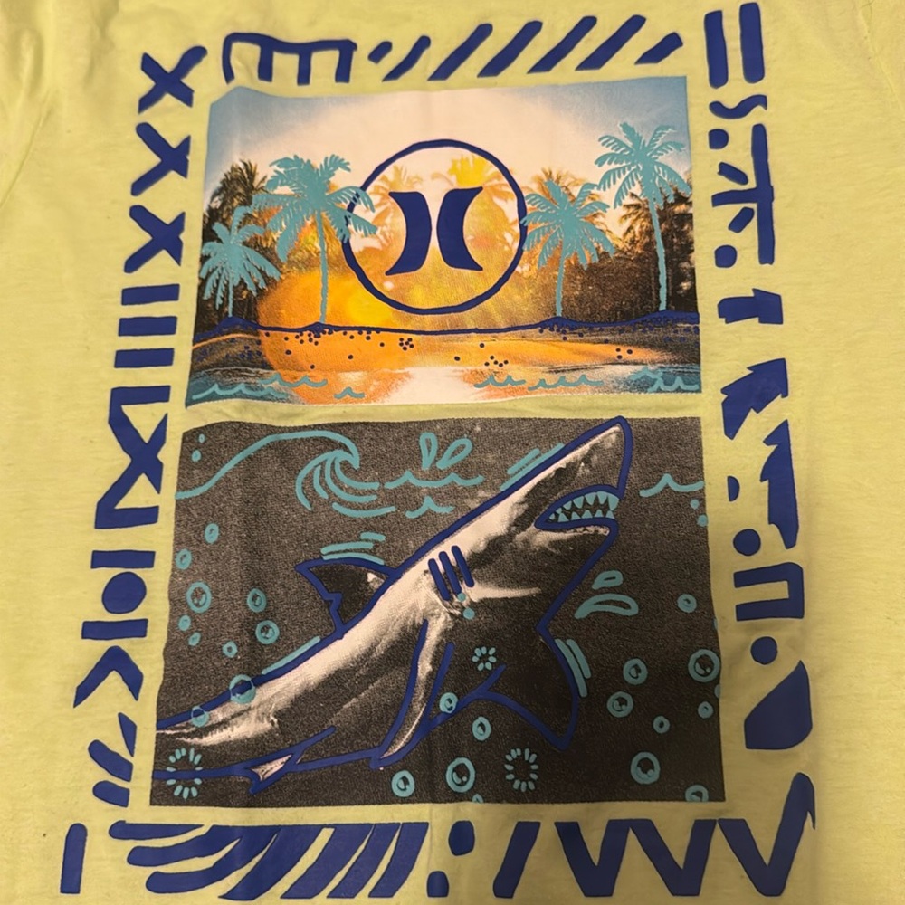 Hurley Light Green Tee with Shark and Beach Graphic